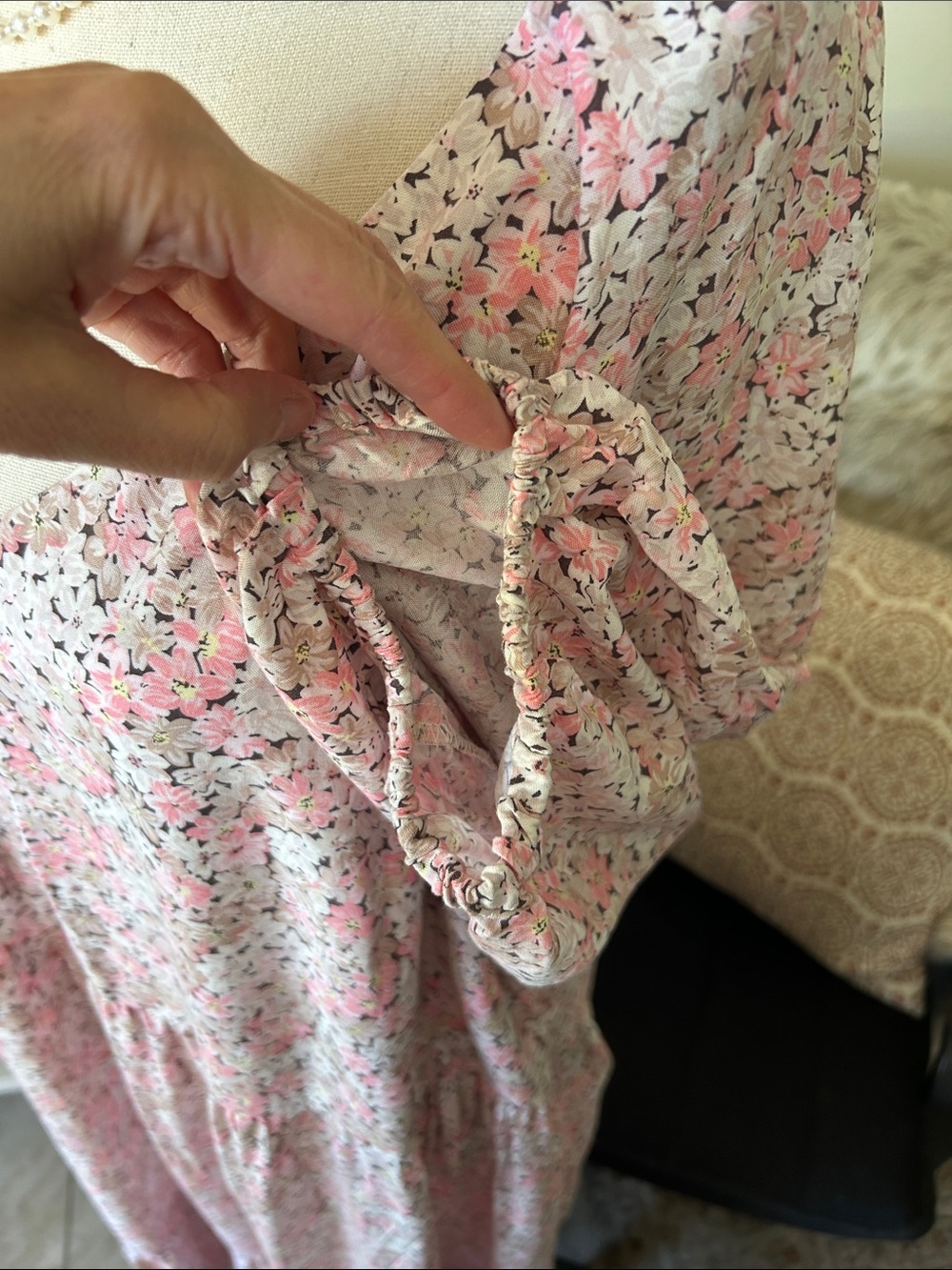 H&M brown tan cream, pink floral cottage V-neck tiered summer maxi dress XL - Picture 7 of 15